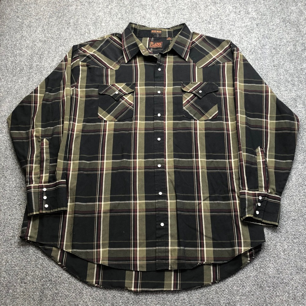 Plains Western Wear Mens 2X Big Man Plaid Long Sleeve Pearl Snap Shirt Green